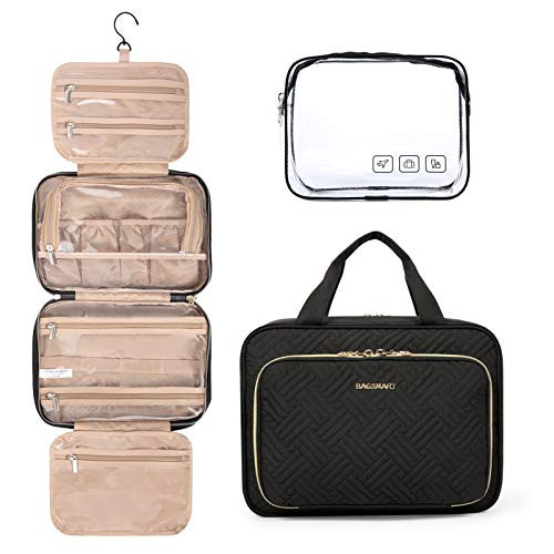 BAGSMART Toiletry Bag Hanging Travel Organizer with TSA Approved Transparent Cosmetic Bag and Detachable Makeup Pouch For Full Sized Toiletries, Medium-Black