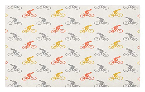Ambesonne Hobby Doormat, Illustration of Orange Grey and Earth Yellow Tone Man on Sportive Bike, Decorative Polyester Floor Mat with Non-Skid Backing, 30" X 18", Eggshell and Multicolor