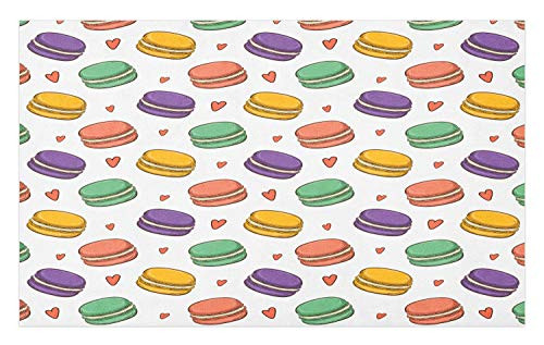 Ambesonne Food Doormat, Colorful Macarons Cookies Pattern Along Hearts Modern Confectionery Theme, Decorative Polyester Floor Mat with Non-Skid Backing, 30" X 18", Orange and Multicolor