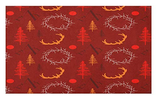 Ambesonne Woodland Doormat, Repetitive Ornamental Wreath Forest Mountains Trees in Warm Tones, Decorative Polyester Floor Mat with Non-Skid Backing, 30" X 18", Burgundy Vermilion Orange
