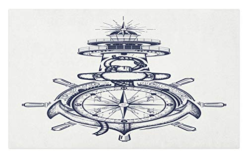 Ambesonne Nautical Doormat, Marine Composition of Anchor Steering Wheel Lighthouse and Compass, Decorative Polyester Floor Mat with Non-Skid Backing, 30" X 18", Dark Night Blue and Ivory