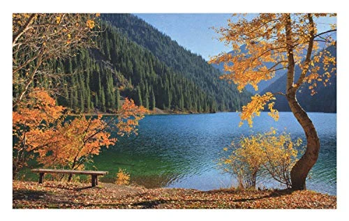 Ambesonne Tree Doormat, Autumn Season by Lake and Mountain Nature Theme Fall Trees in The Wilderness, Decorative Polyester Floor Mat with Non-Skid Backing, 30" X 18", Orange Green