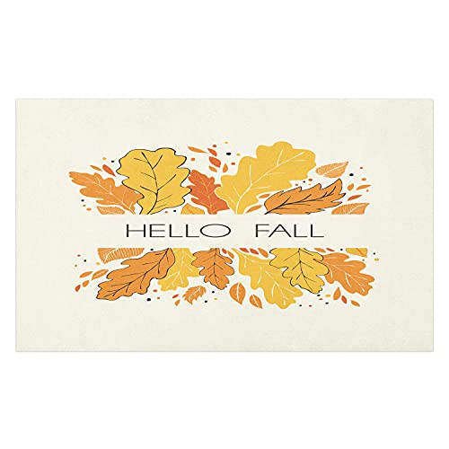 Ambesonne Hello Fall Doormat, Fallen Tree Leaves Modern Art in Autumn Season Color Tones, Decorative Polyester Floor Mat with Non-Skid Backing, 30" X 18", White Earth Yellow Orange