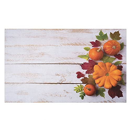 Ambesonne Rustic Orange Doormat, Pumpkins Autumn Foliage Leaves Seasonal Change Harvest Themed Photo Shot, Decorative Polyester Floor Mat with Non-Skid Backing, 30" X 18", Multicolor