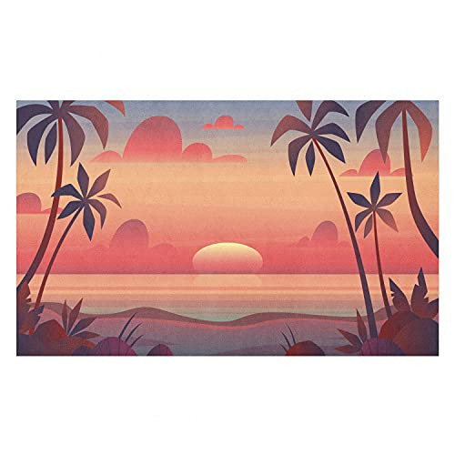 Ambesonne Pink and Orange Doormat, Exotic Dawn Scenery Romantic Ombre Pastel Sunset Seascape Palm, Decorative Polyester Floor Mat with Non-Skid Backing, 30" X 18", Salmon Peach Dark Mauve