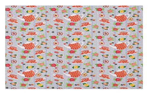 Ambesonne Cartoon Doormat, Cartoon Like Tea Pots with Retro Polka Dots in Orange Colored Flowers Art Print, Decorative Polyester Floor Mat with Non-Skid Backing, 30" X 18", Multicolor