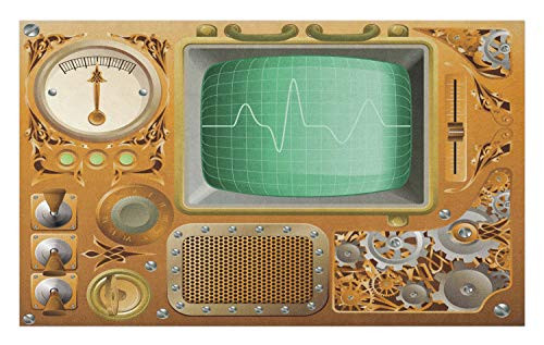 Ambesonne Retro Doormat, Industrial Victorian Style Grunge Steampunk TV Gauger Retro Clockwork, Decorative Polyester Floor Mat with Non-Skid Backing, 30" X 18", Orange Green Pale Grey