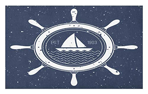 Ambesonne Vintage Boat Doormat, Nautical Steering Wheel Grunge Textured Marine Sailing Journey Graphic, Decorative Polyester Floor Mat with Non-Skid Backing, 30" X 18", Night Blue White