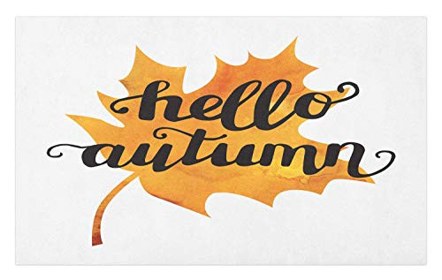Ambesonne Autumn Doormat, Maple Leaf Silhouette in Warm Colors with Hand Lettering Fall Season Words, Decorative Polyester Floor Mat with Non-Skid Backing, 30" X 18", Orange and Black