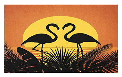 Ambesonne Tropical Doormat, Sunset View with Romantic Flamingos Over Plants Horizon Landscape, Decorative Polyester Floor Mat with Non-Skid Backing, 30" X 18", Dark Orange Yellow Black