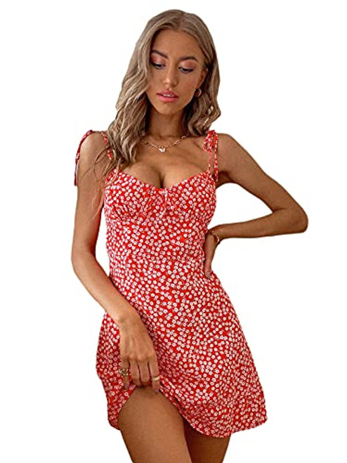 Floerns Women's Boho Tie Shoulder Spaghetti Strap Ruffle Hem Cami Mini Dress Red and White S