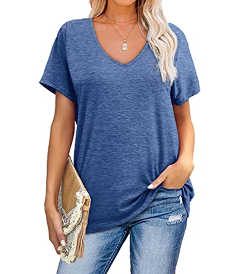 V Neck T Shirts Women Summer Short Sleeve Tops Loose Fitting Blue Light XL V Neck T Shirts Women Summer Short Sleeve Tops Loose Fitting Blue Light XL
