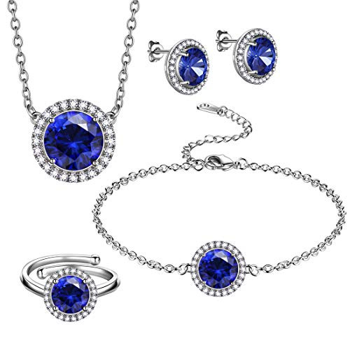 beautlace September Birthstone Necklaces/Stud Earrings/Rings/Bracelets Set Silver Plated Round Shape Jewelry Sets Blue Birthstone Jewelry Birthday Gifts for Men and Women KS0019S