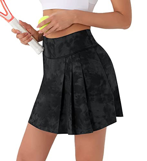 PERSIT Pleated Tennis Skirts for Women, High Waisted Golf Running Workout Athletic Skorts for Women with Pockets -Grey Tie Dye-XL