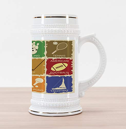 Ambesonne Sports Beer Stein Mug, Vintage Various Sports Elements Golf Bowling Baseball Tenniss in Flat Design, Traditional Style Decorative Printed Ceramic Large Beer Mug Stein, Multicolor