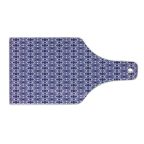 Ambesonne Vintage Cutting Board, Ethnic Artful Illustration of Geometric Motifs Repeating Classical Figures, Decorative Tempered Glass Cutting and Serving Board, Wine Bottle Shape, Blue Violet White