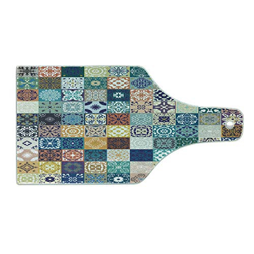 Ambesonne Moroccan Cutting Board, Patchwork Pattern with Different Colorful Arabic Figures Original Tunisian Artful, Decorative Tempered Glass Cutting and Serving Board, Wine Bottle Shape, Multicolor