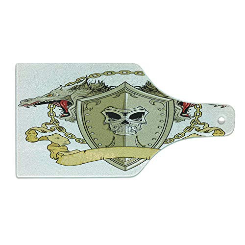 Ambesonne Dragon Cutting Board, Skull Figure on Knights Shield with Dragon Heads and Scroll Medieval Warrior Myth, Decorative Tempered Glass Cutting and Serving Board, Wine Bottle Shape, Yellow White