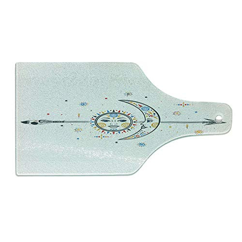 Ambesonne Aztec Cutting Board, Ethnic Aztec Moon Sun with Spiral Vortex Stars Figures Occult Art Theme Image Print, Decorative Tempered Glass Cutting and Serving Board, Wine Bottle Shape, Multicolor