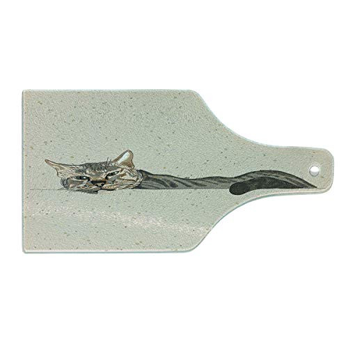 Ambesonne Cat Cutting Board, Lazy Sleepy Cat Figure in Earth Tones Cute Furry Mascot Indoor Pet Art Illustration, Decorative Tempered Glass Cutting and Serving Board, Wine Bottle Shape, Grey Beige