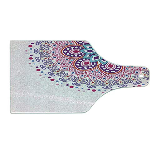 Ambesonne Mandala Cutting Board, Retro Sun Figure with Grunge Effects Universe Ancient Art Design, Decorative Tempered Glass Cutting and Serving Board, Wine Bottle Shape, Pale Pink Purple and Teal