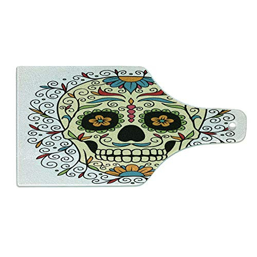 Ambesonne Sugar Skull Cutting Board, Catrina Calavera Featured Figure Ornaments Macabre Remember the Dead Theme, Decorative Tempered Glass Cutting and Serving Board, Wine Bottle Shape, Multicolor