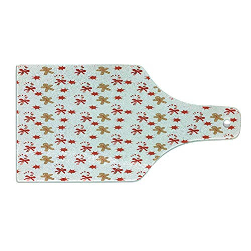 Ambesonne Gingerbread Man Cutting Board, Candy Cane with Bowties Red Star Figures Gingerbread Man Pattern, Decorative Tempered Glass Cutting and Serving Board, Wine Bottle Shape, Sand Brown Orange