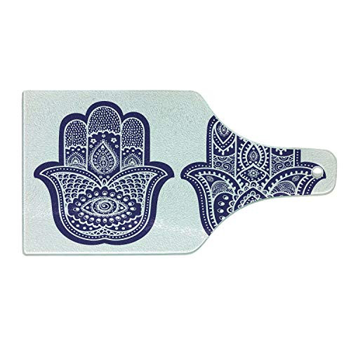 Ambesonne Hamsa Cutting Board, Two Hand of Fatima Figures with Ethnic Old Fashioned Ornaments Vintage Asian, Decorative Tempered Glass Cutting and Serving Board, Wine Bottle Shape, Violet Blue White