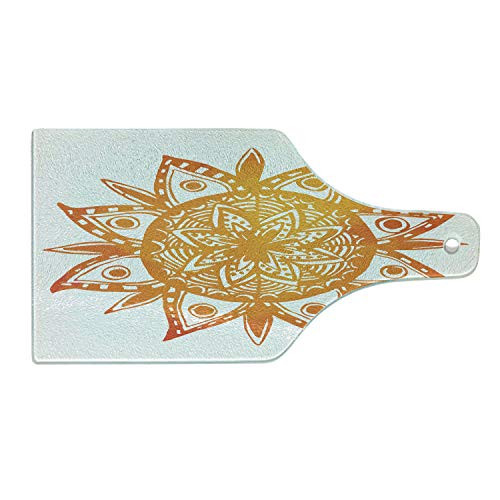Ambesonne Orange Cutting Board, Watercolor Style Hand Drawn Sun Figure Tribal Ethnic Mandala Artistic Asian Print, Decorative Tempered Glass Cutting and Serving Board, Wine Bottle Shape, Orange White