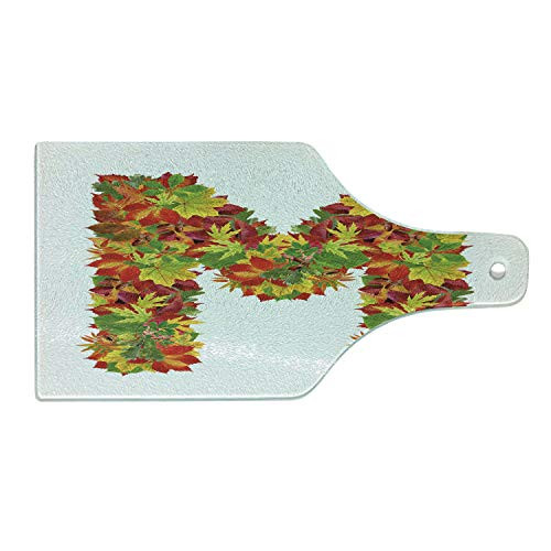 Ambesonne Letter M Cutting Board, Fall Season Elements Uppercase M Colored Leaves Acorns Autumn Nature, Decorative Tempered Glass Cutting and Serving Board, Wine Bottle Shape, Vermilion Yellow Green