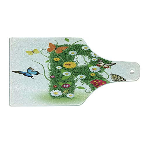 Ambesonne Letter R Cutting Board, Uppercase R with Flora and Fauna Wildflowers Daisies Butterflies and Grass, Decorative Tempered Glass Cutting and Serving Board, Wine Bottle Shape, Green Multicolor