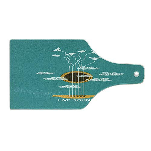 Ambesonne Guitar Cutting Board, Abstract Music Themed with Birds on Strings and Clouds Illustration, Decorative Tempered Glass Cutting and Serving Board, Wine Bottle Shape, Turquoise Marigold White