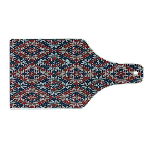 Ambesonne Nordic Cutting Board, Wool Knit Pattern with Tartan Geometric Stripes Flower Figures Print, Decorative Tempered Glass Cutting and Serving Board, Wine Bottle Shape, Ruby Dark Blue Coconut
