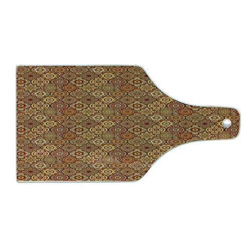 Ambesonne Moroccan Cutting Board, Vintage Hand Drawn Style Ottoman Figures Ancient Trellis Floral Motifs, Decorative Tempered Glass Cutting and Serving Board, Wine Bottle Shape, Orange Yellow Brown