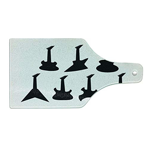 Ambesonne Rock Music Cutting Board, Various Guitar Silhouettes Acoustic Electronic Bass Abstract String Instruments, Decorative Tempered Glass Cutting and Serving Board, Wine Bottle Shape, Black White