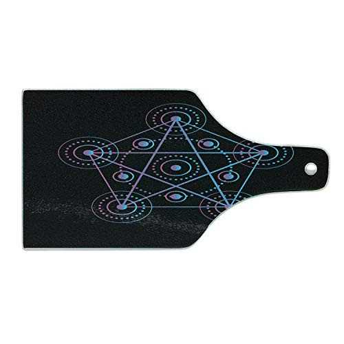 Ambesonne Pentacle Cutting Board, Line Art Style Gradient Colorful Elements of Sacred Geometry Figure Star, Decorative Tempered Glass Cutting and Serving Board, Wine Bottle Shape, Black Blue and Pink