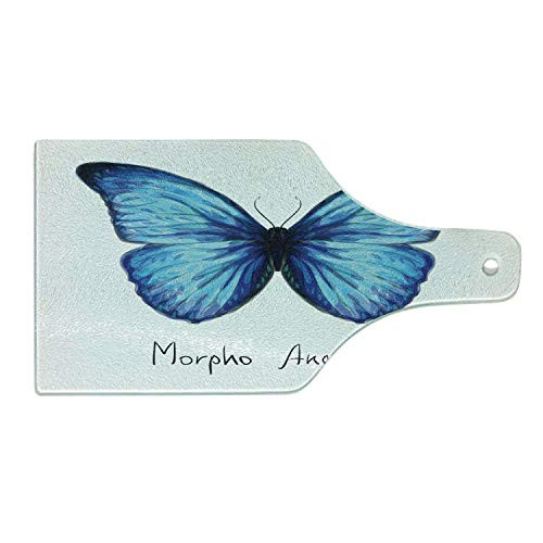 Ambesonne Butterfly Cutting Board, Watercolor Style Abstract Butterfly Figure in Iridescent Colors, Decorative Tempered Glass Cutting and Serving Board, Wine Bottle Shape, Indigo Pale Blue and White