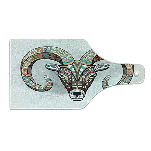 Ambesonne Goat Cutting Board, Colorful Tribal Ornamented Head of Goat Figure African Totem Tattoo Inspired Design, Decorative Tempered Glass Cutting and Serving Board, Wine Bottle Shape, Multicolor