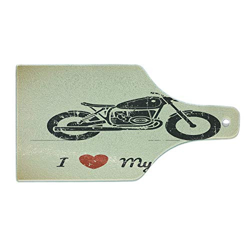 Ambesonne Manly Cutting Board, Vintage Grunge Flat Looking Motorcycle and I Love My Bike Text Silhouette, Decorative Tempered Glass Cutting and Serving Board, Wine Bottle Shape, Charcoal Grey Khaki