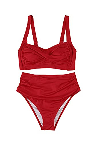 Selowin Women Sexy Swimsuit Two Piece High Waist Bikini Halter Ruched Bathing Suit Red M