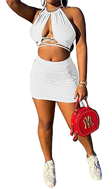 Women's Sexy Crop Top Skirt Set Bodycon Dress Two Pieces Outfits Ruched Clubwear for Party