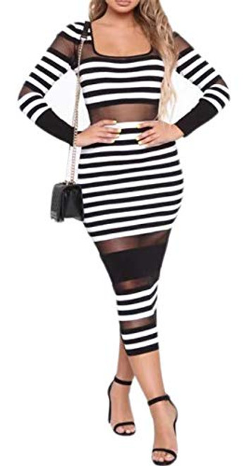 Hotheart Women's Long Sleeve O Neck Stripe Printed Mesh Paneled Bodycon Sexy Nightclub Party Dress White Hotheart Women's Long Sleeve O Neck Stripe Printed Mesh Paneled Bodycon Sexy Nightclub Party Dress White