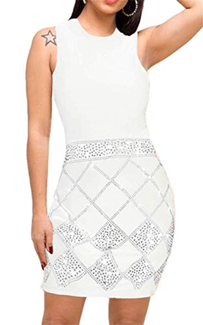 Hotheart Women's Sleeveless O Neck Rhinestone Bodycon Sexy Nightclub Party Dress White Hotheart Women's Sleeveless O Neck Rhinestone Bodycon Sexy Nightclub Party Dress White