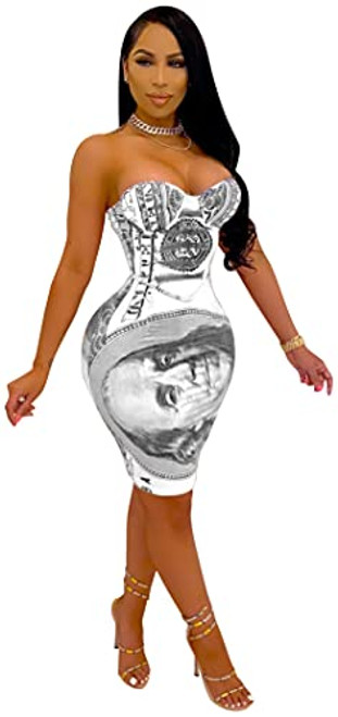 Hotheart Womens Sexy Wrapped Chest Sleeveless Dollar Print Package Hip Dress Nightclub Clubwear Dress White