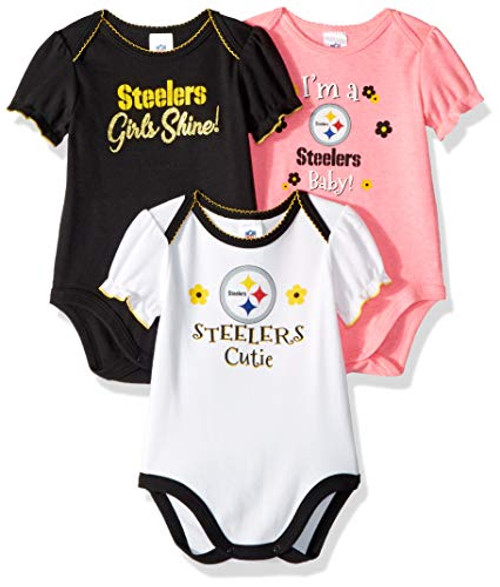 NFL Pittsburgh Steelers 3 Pack Ruffle Sleeve Team Bodysuit, black/white/pink Pittsburgh Steelers, 6-12 Months -138823160STE612-665- NFL Pittsburgh Steelers 3 Pack Ruffle Sleeve Team Bodysuit, black/white/pink Pittsburgh Steelers, 6-12 Months -138823160STE612-665-
