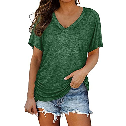 Aniywn Womens Summer Short Sleeves Casual Loose V Neck T Shirts Basic Tops Tee Solid Color Basic Vocation Tops Blouse Green