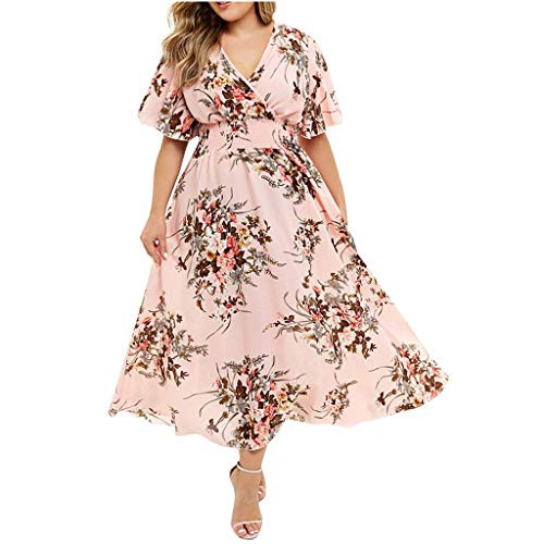 Plus Size Maxi Dresses Women Floral Wrap V Neck Short Sleeve Dress Casual Long Flowy Dresses Sundress