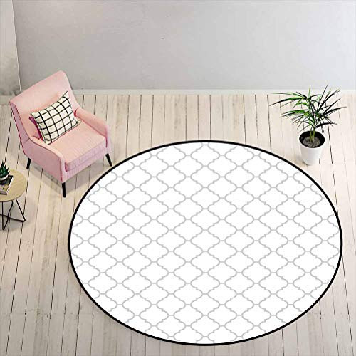 Round Rugs 2 ft Round - Grey Soft and Durable Rug Simple Monochrome Patterns Geometric Linked Forms on Plain Background Modern Figures Print, White Gray