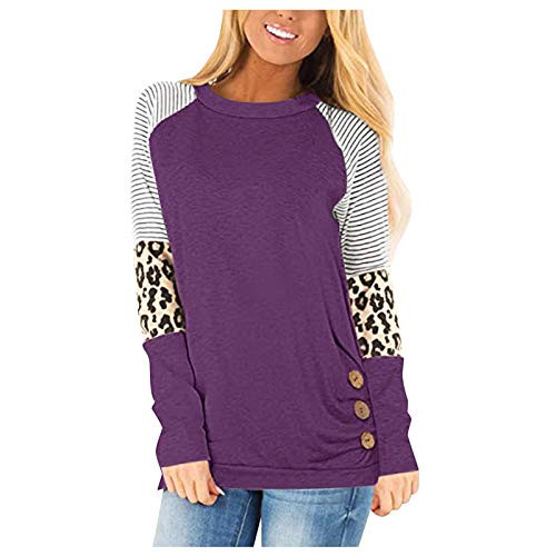 POTO Women Casual Shirts Stripe Patchwork Long Sleeve Tunic Tops Button Crewneck Pullover Sweatshirts Leopard Blouse