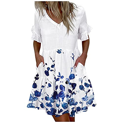 Summer Dresses for Women Beach,Women Dresses Casual Sexy,Women's Summer V-Neck Fashion Short Sleeve Pleated Ruffles Mini Beach Dress